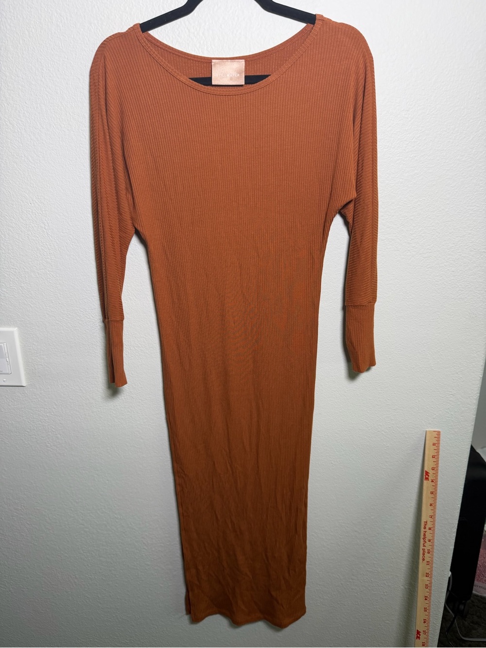 Stillwater Tuckernuck Modal Ribbed Midi Dress Longsleeve with Slit in Rust XS